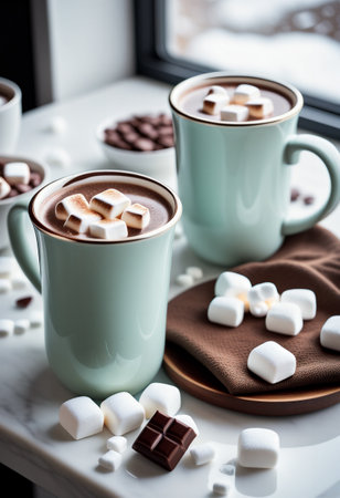 Two cups of hot chocolate with marshmallows on a windowsillの素材