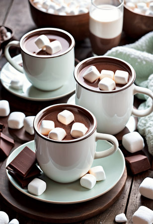 Hot chocolate with marshmallows in mugs on a wooden tableの素材