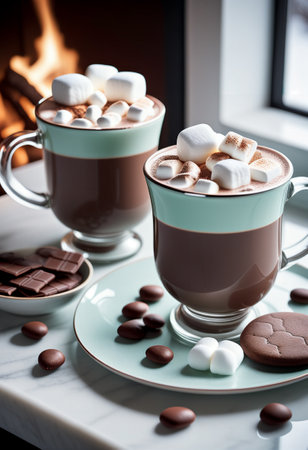 Two cups of hot chocolate with marshmallows in front of fireplaceの素材