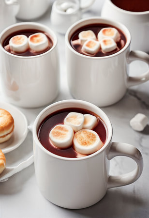 Hot chocolate with marshmallows in white mugs, selective focusの素材