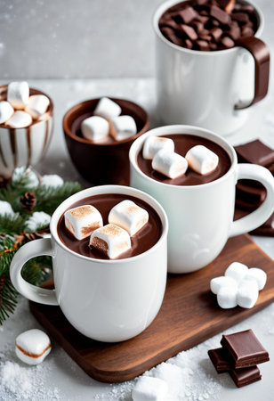 Hot chocolate with marshmallows in white mugs on a wooden board.の素材