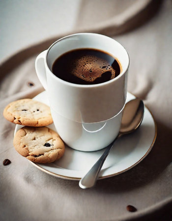 Cup of coffee with chocolate chip cookies on a linen napkinの素材