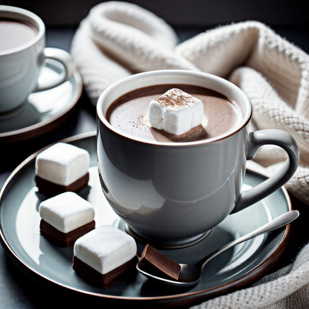 Cup of hot chocolate with marshmallows on dark background.の素材