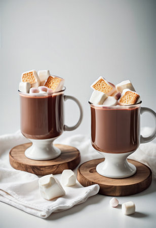 Two cups of hot chocolate with marshmallows on a white backgroundの素材