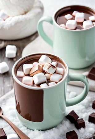 Two cups of hot chocolate with marshmallows and pieces of chocolate on wooden backgroundの素材