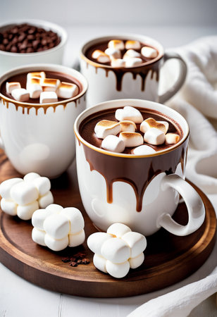 Hot chocolate with marshmallows in cups on a white wooden backgroundの素材