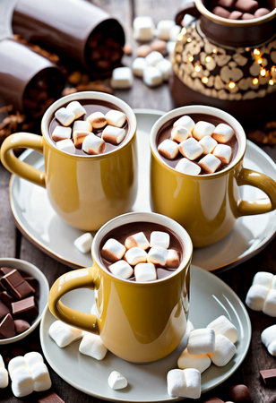 Hot chocolate with marshmallows and chocolate candies on wooden backgroundの素材