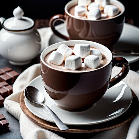 Hot chocolate with marshmallows in a cup, selective focus.の素材