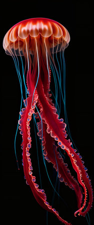 Jellyfish on black background, 3D illustration. Jellyfish in the ocean.の素材