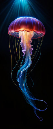 Colorful jellyfish isolated on black background. 3D illustration.の素材