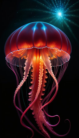 Jellyfish in the dark background, 3d illustration, horizontalの素材