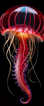 Red jellyfish on black background, 3d illustration, vertical imageの素材