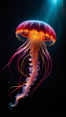 jellyfish on a black background with rays of light in the waterの素材
