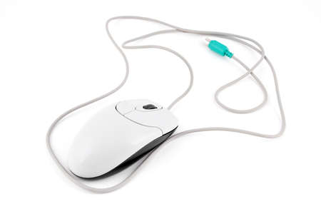 PC mouse with cord on whiteの写真素材