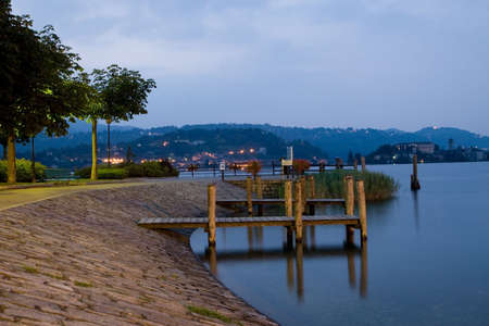 Orta lake by night (environs of Pella)の写真素材