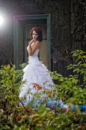 Young woman wearing wedding blue dressの写真素材