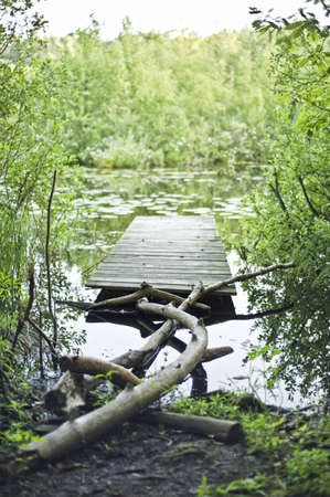 Old fishing bridge on the lakeの写真素材