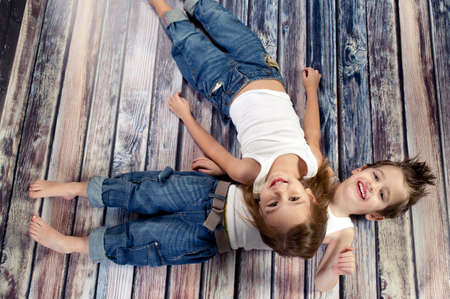 Two happy kids in studioの写真素材