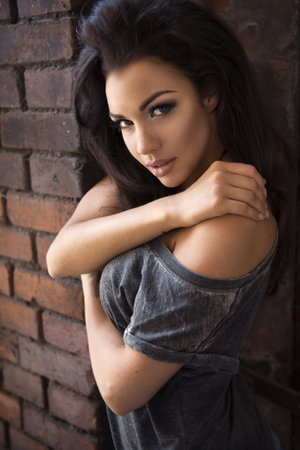 Sensual brunette woman posing on brick wall