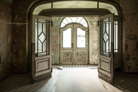 Inside view of a deserted run down building. Beauty view