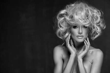 Sexy woman with amazing blond hair. Black and whiteの写真素材
