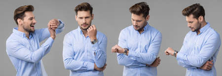 Happy handsome man with watchの写真素材