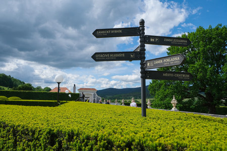 Aerial view over the park of old Town of Cesky Krumlov.の写真素材