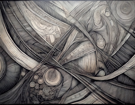 This image presents a detailed abstract background created with pencil strokes and shading. The intricate cross-hatching, soft smudging, and dynamic line work form a captivating blend of organic and geometric patterns. The artwork is executed in aの素材