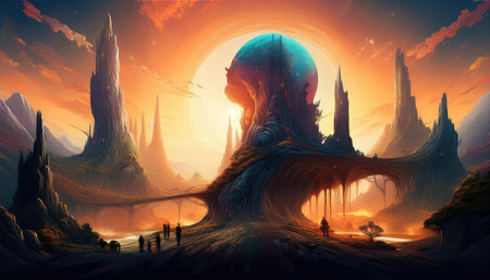 Futuristic surreal landscape with a giant skull-shaped mountain, floating architectural forms, and...