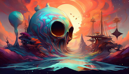 Surreal alien skull-shaped mountain in a fantasy landscape with floating structures and colorful...