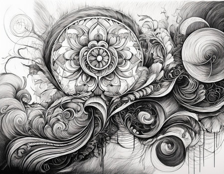This image showcases a detailed floral drawing with intricate swirls and patterns. The hand-drawn design features a central flower surrounded by ornate botanical elements, all rendered in pencil. The artwork highlights detailed textures and shadingの素材