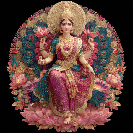 Majestic Lakshmi on vibrant pink lotus in water, with gold jewelry and crown. Holds lotuses, blesses, while elephants pour purifying water from trunks.の写真素材