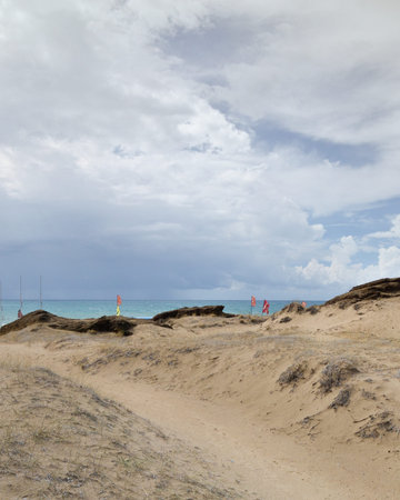 Issos is a long, beautiful, sandy beach with natural sand dunes and shallow water. Corfu, Ionian...