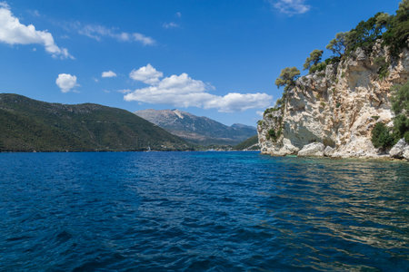 Greek Island viewed from the sea. Beautiful sea landscapes on Lefkada island, Greece.