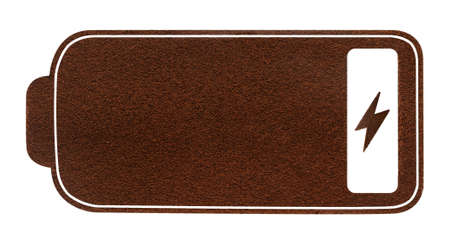 Dead battery. Drawn by ground coffee. Low battery indicator with lightning.の写真素材