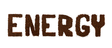 The word Energy written by ground coffee isolated on white.の写真素材