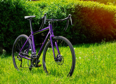 Gravel bicycle on green grass in the park. Bicycle close-up.の写真素材