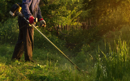 The gardener mows the grass in the garden with a gas mower in his hands. Gardening concept.