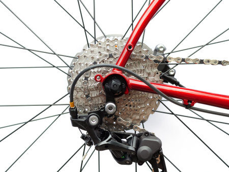 Bicycle cassette and rear derailleur on white background