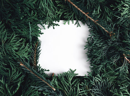 Creative layout made from natural thuja and spruce branches with copy space. Flat lay.