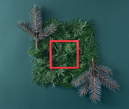 Christmas tree and thuja branches with red paper frame on a green background. Creative concept of...