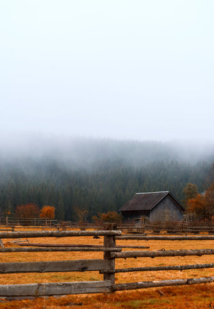 Beautiful autumn landscape of a wooden house in the mountains with foggy forest and orange grass