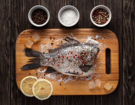 Crucian carp prepared for baking with pepper, salt and lemons on wooden kitchen board.