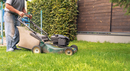 Gardener mows the grass with a lawn mower in the yard.