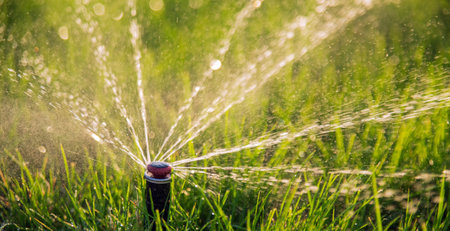 Close-up of irrigation sprinkler system watering the lawn under the rays of sun.の写真素材