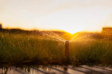 Automatic sprinkler system watering the lawn at sunset.の写真素材