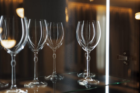 Wine glasses on a glass shelf with lighting. Empty crystal glasses close-up.
