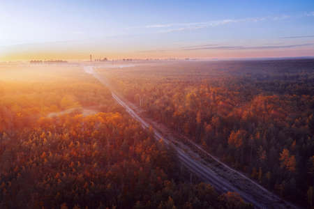 Railway road passing through autumn forest during sunrise. Colorful landscape with railway road, dense forest and city silhouette at the horizon at fall.の写真素材