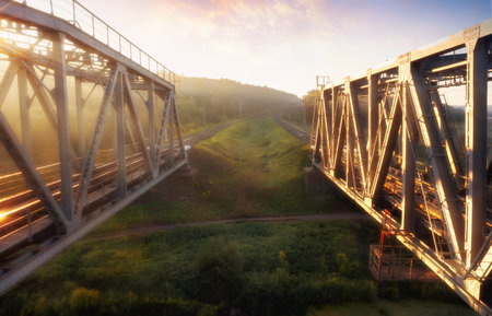 Railroad bridges at sunset with morning fog.の写真素材