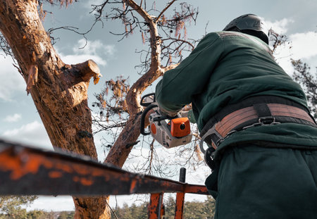 Arborist cuts down the branches of an emergency tree with chainsaw while standing in the cradle of a lift at a great height.の写真素材
